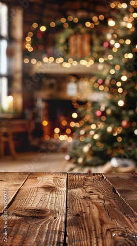 Vertical Blurred Christmas Decorated Room with Lights and Empty Table