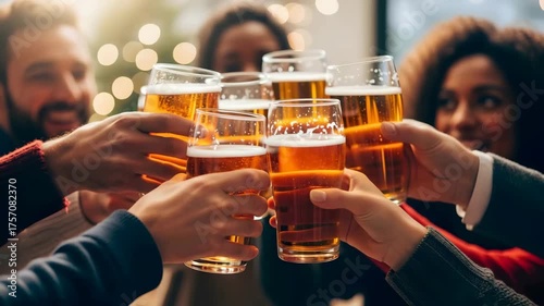 Group of friends toasting with beer mugs. Celebration of festival Oktoberfest with drinks. Party, leisure, friendship concept