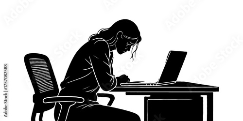 A woman in silhouette slouches over a laptop at a desk, black and white drawing on white background, concept of burnout and workplace stress