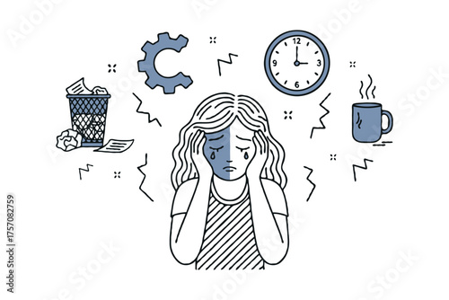 Sad woman holding head in stress, surrounded by clock, trash, coffee, and gear icons in minimalist line art on white background, concept of burnout