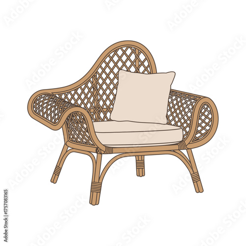 Elegant Rattan Armchair with Cushion and Pillow for Relaxing.