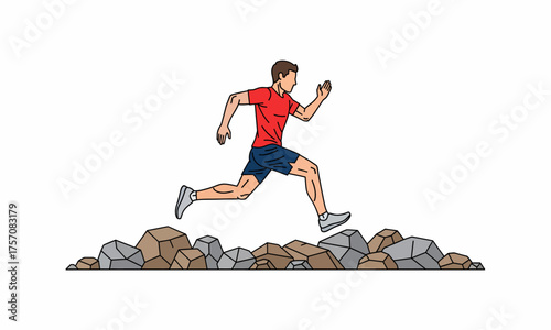 Athletic man in red shirt and blue shorts jumping over rocks, dynamic line art illustration.