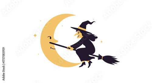 Whimsical witch flying broomstick crescent moon festive halloween celebration spooky holiday magic fantasy adventure isolated on white background