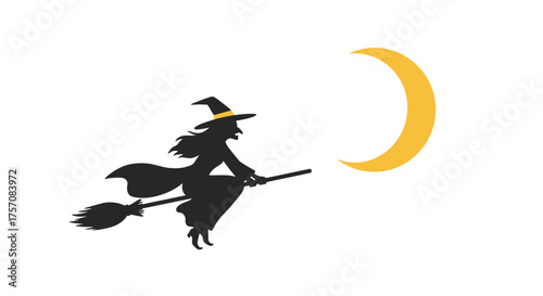 Silhouette of a witch flying on a broomstick against a crescent moon sky celebrating halloween autumn celebrations isolated on white background