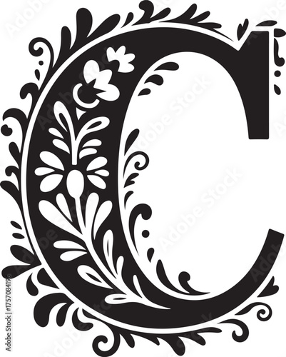 Ornate Initial Letter C Black Floral Swirls and Flourishes