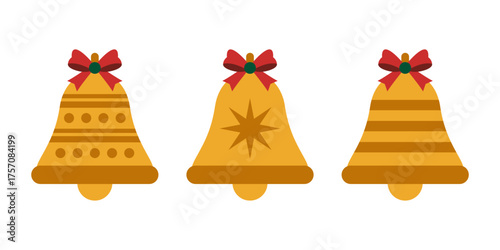 Golden Christmas Bell Bundle with Ribbon and Holly Leaves for Festive Holiday Decoration Design