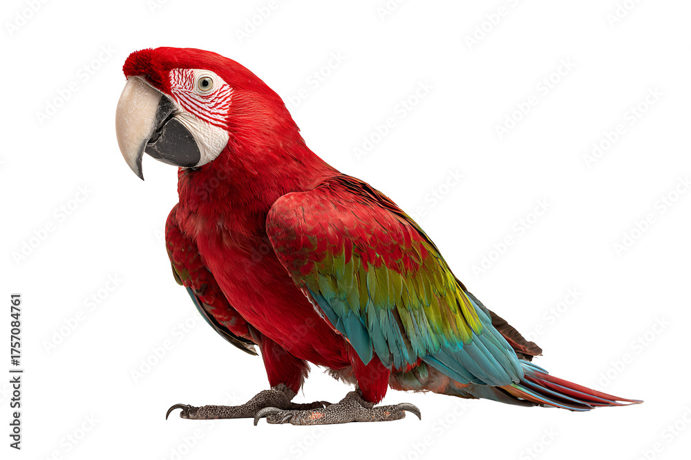 Naklejka premium Majestic scarlet macaw showcasing vibrant plumage in captivating portrait a symphony of colors and textures embodying the allure of tropical avian life a stunning bird art
