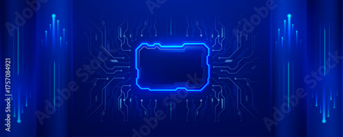 Futuristic circuit board frame with central glowing blue placeholder