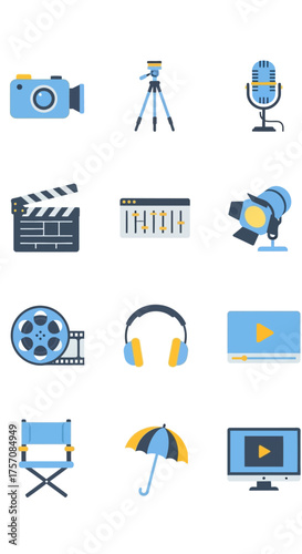 Film Production Equipment Icons - Camera, Tripod, Microphone, Clapperboard, Headphones, and More.