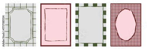 Retro whimsical Christmas frame backgrounds set with geometric grid, checkerboard, and hand-drawn borders. Vintage pink, olive green, red holiday patterns for festive cards, invitations. Vector.