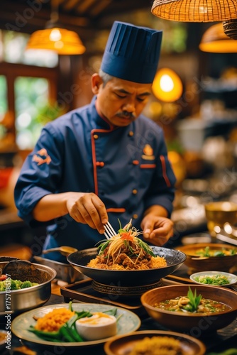 Chef Assembling Delicious Asian Cuisine Exquisite Restaurant Vibe