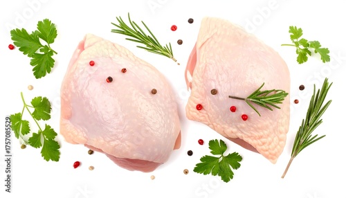 Raw chicken thighs arranged with herbs and peppercorns on white background