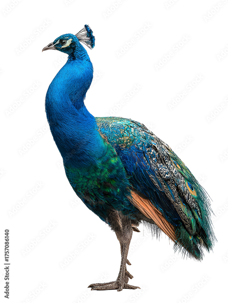 Obraz premium Elegant peacock displays shimmering feathers in proud display a captivating avian portrait showcasing vibrant colors and graceful form a beautiful specimen in exquisite detail