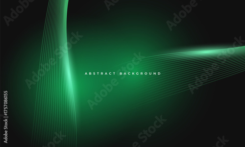 Glowing green wavy lines on abstract technology dark green and black background. Digital hi-tech vector illustration with particle striped wave lines