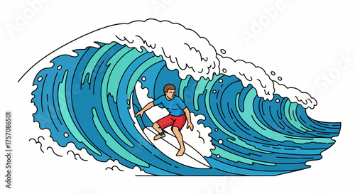 Cartoon surfer in a blue shirt and red shorts riding inside the barrel of a large, stylized blue ocean wave.