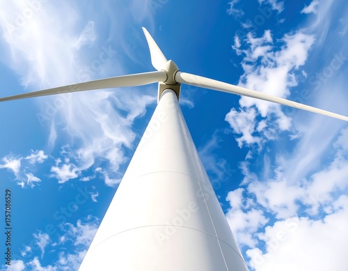 Low angle view of a wind turbine against a partly cloudy sky