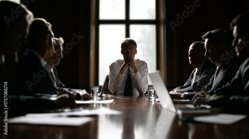 Lone Executive Sitting at Long Table During Intense Business Meeting