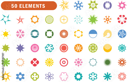 Colorful geometric shape set. Abstract, colorful, flower, star, spiral, decorative and more
