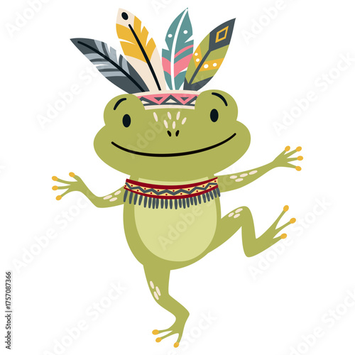 Flat vector illustration in a simple children's style. A cute Indian frog with a feather headband dances on a white background. . Vector illustration