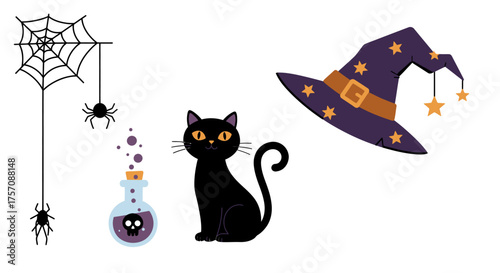 Spooky halloween elements collection mysterious black cat witch hat cobweb spiders potion bottle for festive autumn celebrations isolated on white background