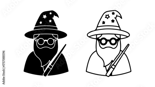 Wizard characters with staff and starry hats with transparent background