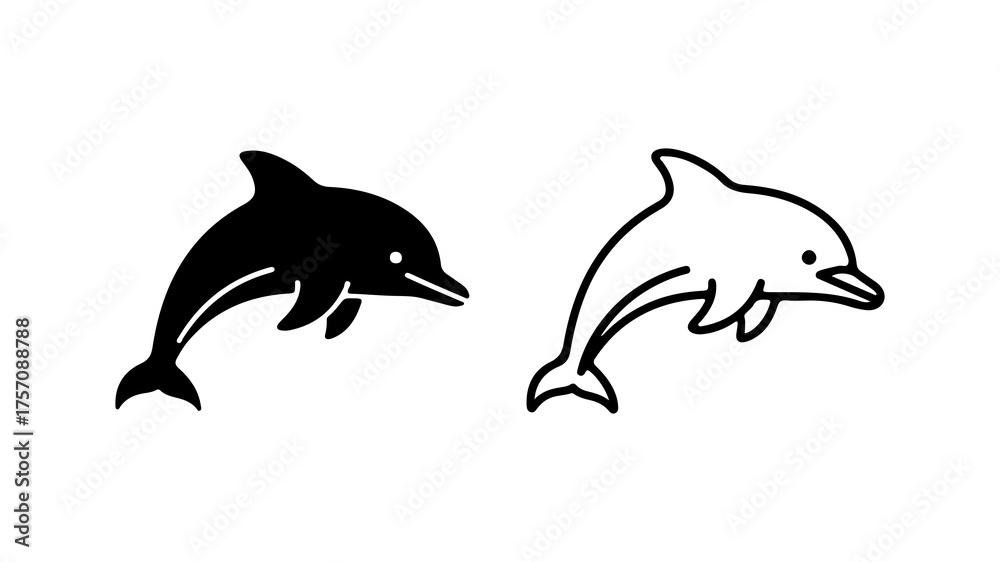 Fototapeta premium Dolphin outline and silhouette with transparent background