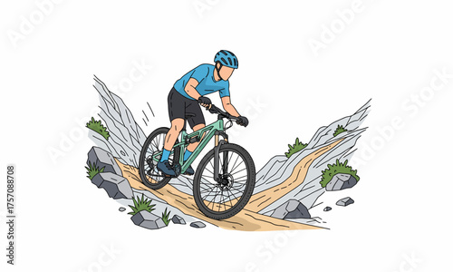 Dynamic illustration of a male cyclist in blue gear riding a modern mountain bike.
