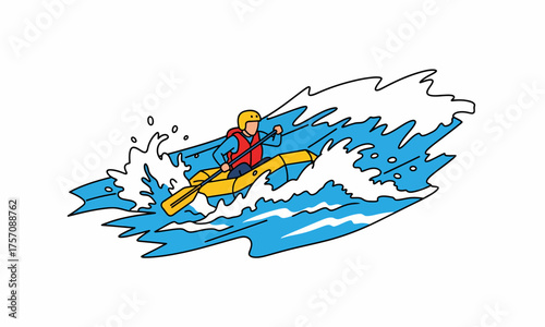 Dynamic cartoon illustration of a whitewater kayaker in a yellow boat on turbulent blue waves.