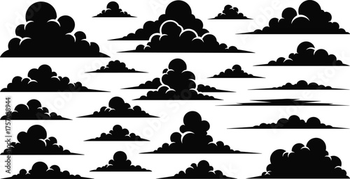 Cloud silhouette icons set, sky weather symbol collection, storm rain atmosphere design, climate forecast element, minimal black flat vector illustration