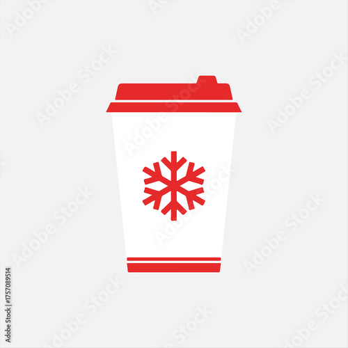 Vector art of a stylized illustration of a white coffee cup with a red lid and a red snowflake emblem, isolated on a plain grey background