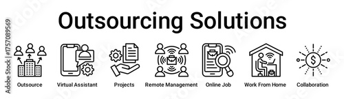 Outsourcing Solutions banner web icon vector illustration concept for business with icon of Outsource, Virtual Assistant, Projects, Remote Management, Online Job, Work From Home.
