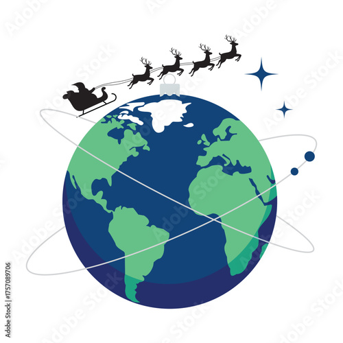 Vector art of santa claus flying in his sleigh with reindeer around the globe, symbolizing global christmas delivery and the magic of the holiday season