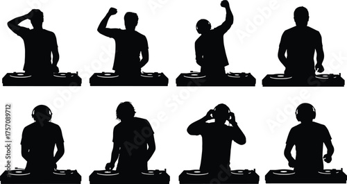 DJ silhouette icons set, disc jockey music performance symbols, party club dance design, nightlife entertainment concept, minimal flat vector illustration