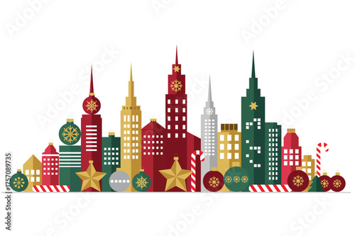 Vector art of  festive cityscape illustration with colorful buildings decorated as christmas ornaments