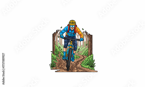 Dynamic mountain biker in yellow helmet and blue-orange gear, riding a full-suspension bike.
