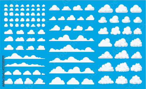 Large vector set of stylized cartoon clouds, pixel art elements, and various sky graphics on blue background