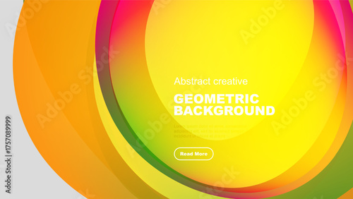 Bright colorful abstract design. Overlapping shapes create dynamic visual effect. Text reads geometric background.
