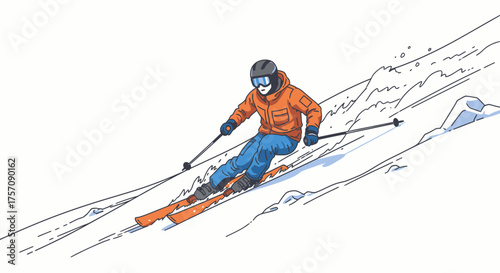 Dynamic Skier in Orange Jacket Carving Down Snowy Mountain Slope.