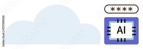 Cloud shape with AI processor and secured password field highlighting cloud technology, AI, and data protection. Ideal for technology, innovation, artificial intelligence, security, big data