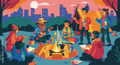 Group of Friends Gathered Around Campfire in City Park at Night.