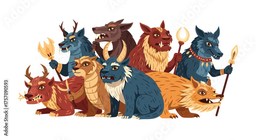Group of Mythical Creatures with Animalistic Features and Horns.