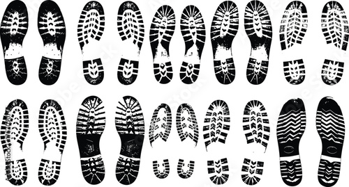 Shoe sole print icons, footwear tread pattern collection, sneaker boot silhouette design, footwear texture symbol, minimal black flat vector illustration