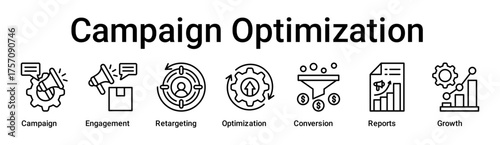 Campaign Optimization banner web icon vector illustration concept for business with icon of Campaign, Engagement, Retargeting, Optimization, Conversion, Reports.