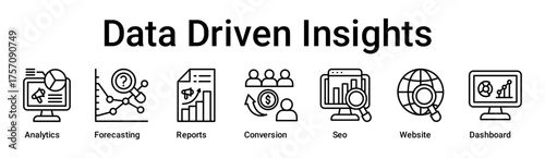 Data Driven Insights banner web icon vector illustration concept for business with icon of Analytics, Forecasting, Reports, Conversion, Seo, Website.