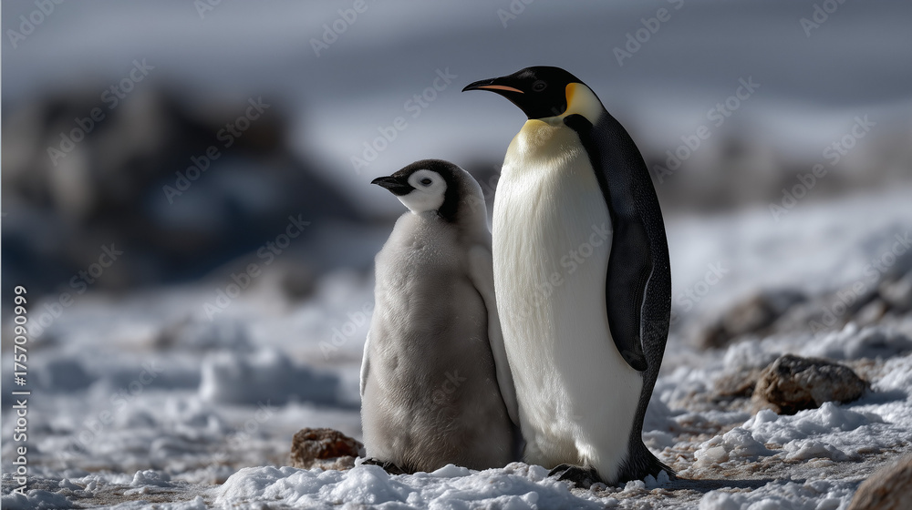 Fototapeta premium Parent and Chick Emperor Penguins Standing Close on Ice