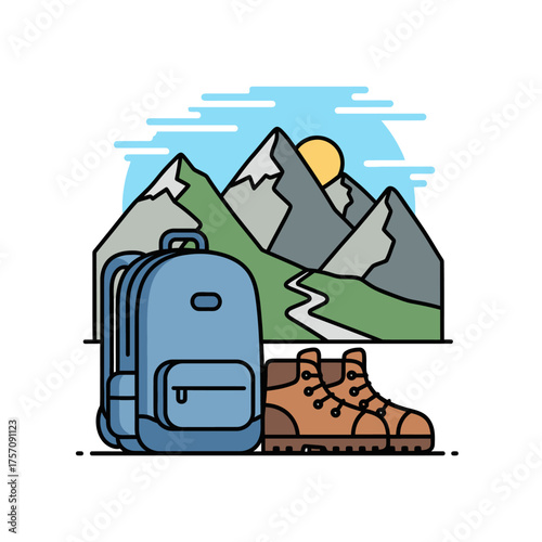Hiking Gear Illustration - Backpack, Boots, and Mountain Landscape.