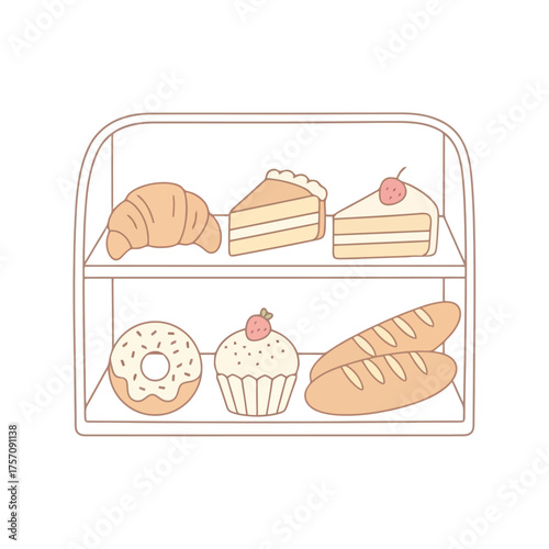 Delightful bakery display filled with delicious pastries, cakes, bread and donuts for your sweet treat cravings