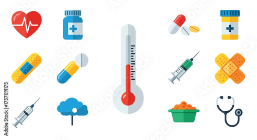 Collection of medical icons depicting health treatment and healthcare supplies