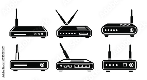 Collection of various wireless routers and network devices in black and white