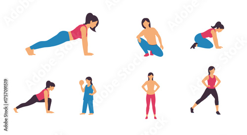 Diverse women performing various fitness exercises in colorful athletic wear